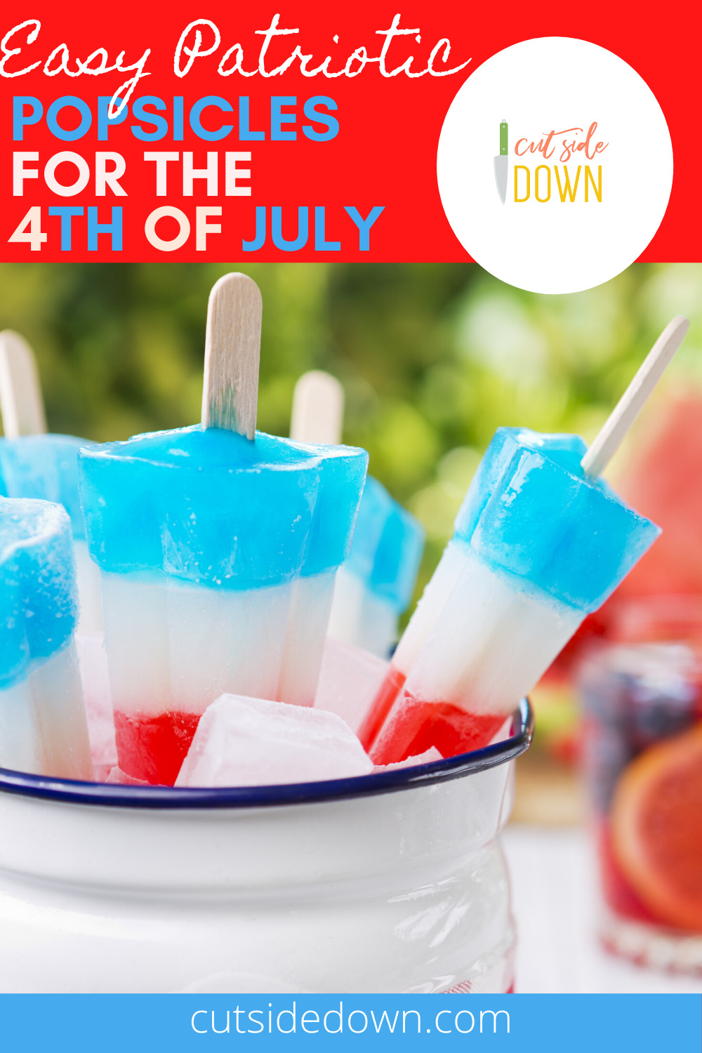 Celebrate the Fourth of July with these patriotic popsicles, Cool off with these tasty red, white and blue treats. Perfect for the parade, bbq, kids, and adults. Happy birthday, America. #4thofjulypopsicles #popsiclerecipes #makeyourownpopsicles