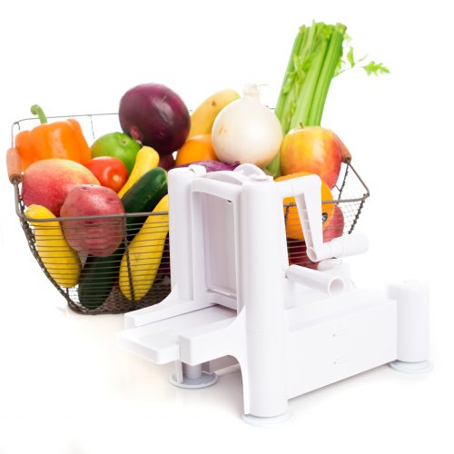Veggoogle veggie noodle maker with basket of fresh vegetables