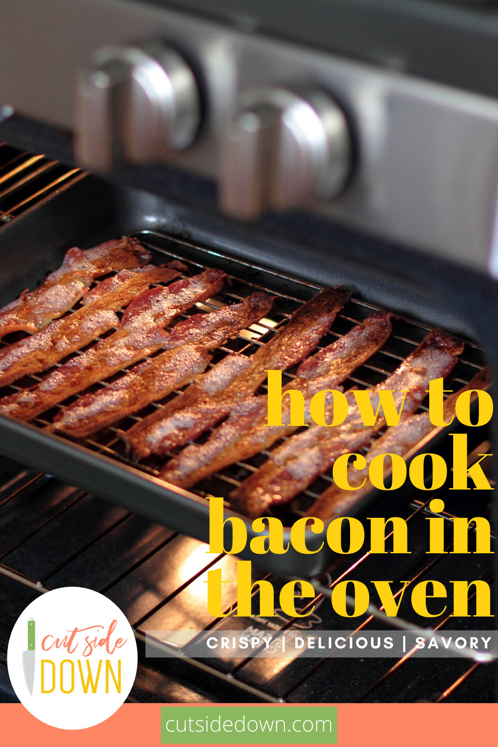 If you love bacon, you are going to have your mind blown when you learn how to cook bacon in the oven. It's easy, delicious and makes less mess. Give it a try. You know this is making you curious. Keep reading to learn how easy it is. #howtocookbaconintheoven #bacon #baconmakeseverythingbetter #cutsidedownblog